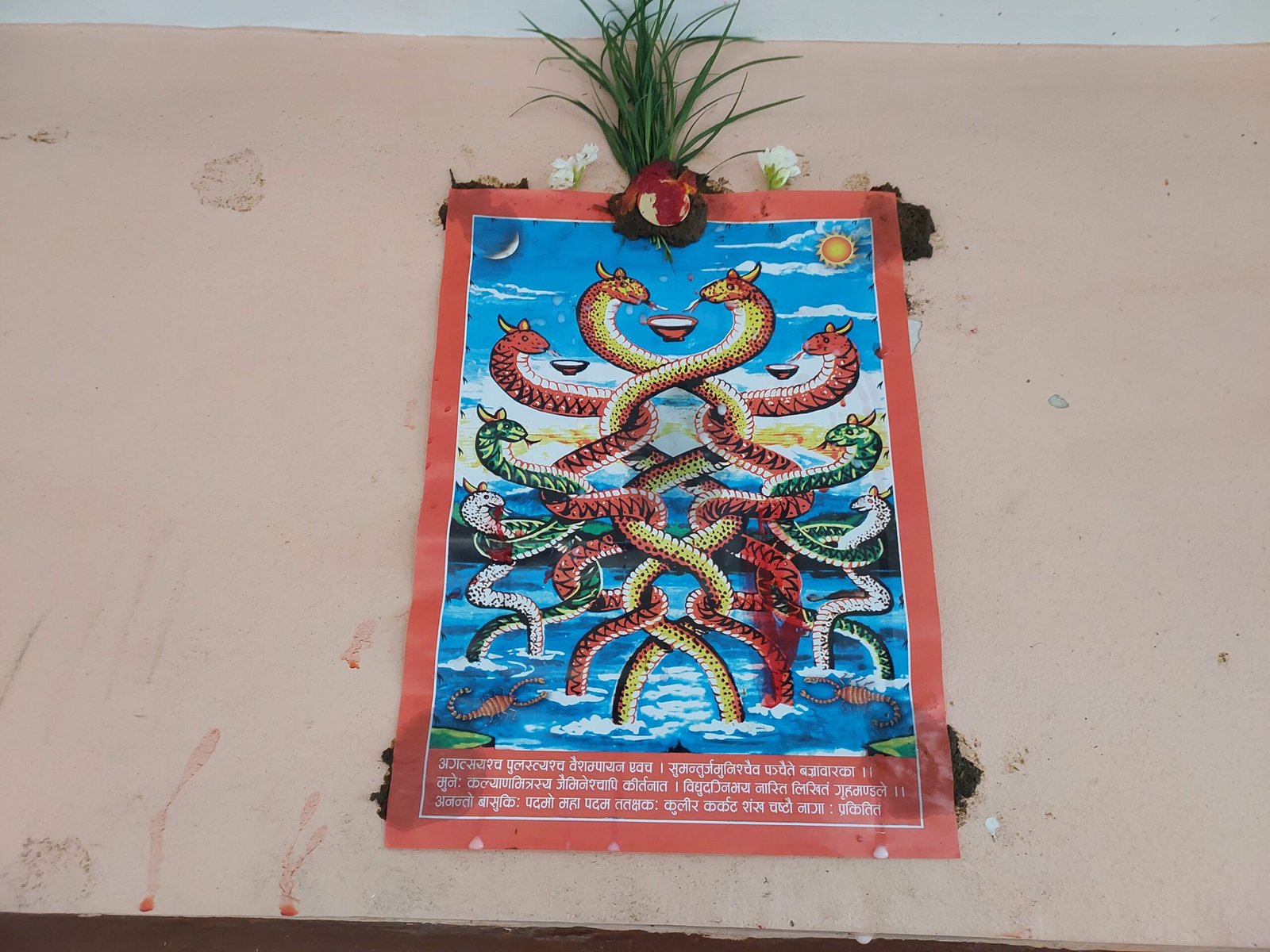 Nag image placed above office door after Nag Panchami puja in Kathmandu.