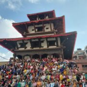 Thousands of people watching Indra Jatra Festival chariot procession at Kathmandu Durbar Square, Nepal