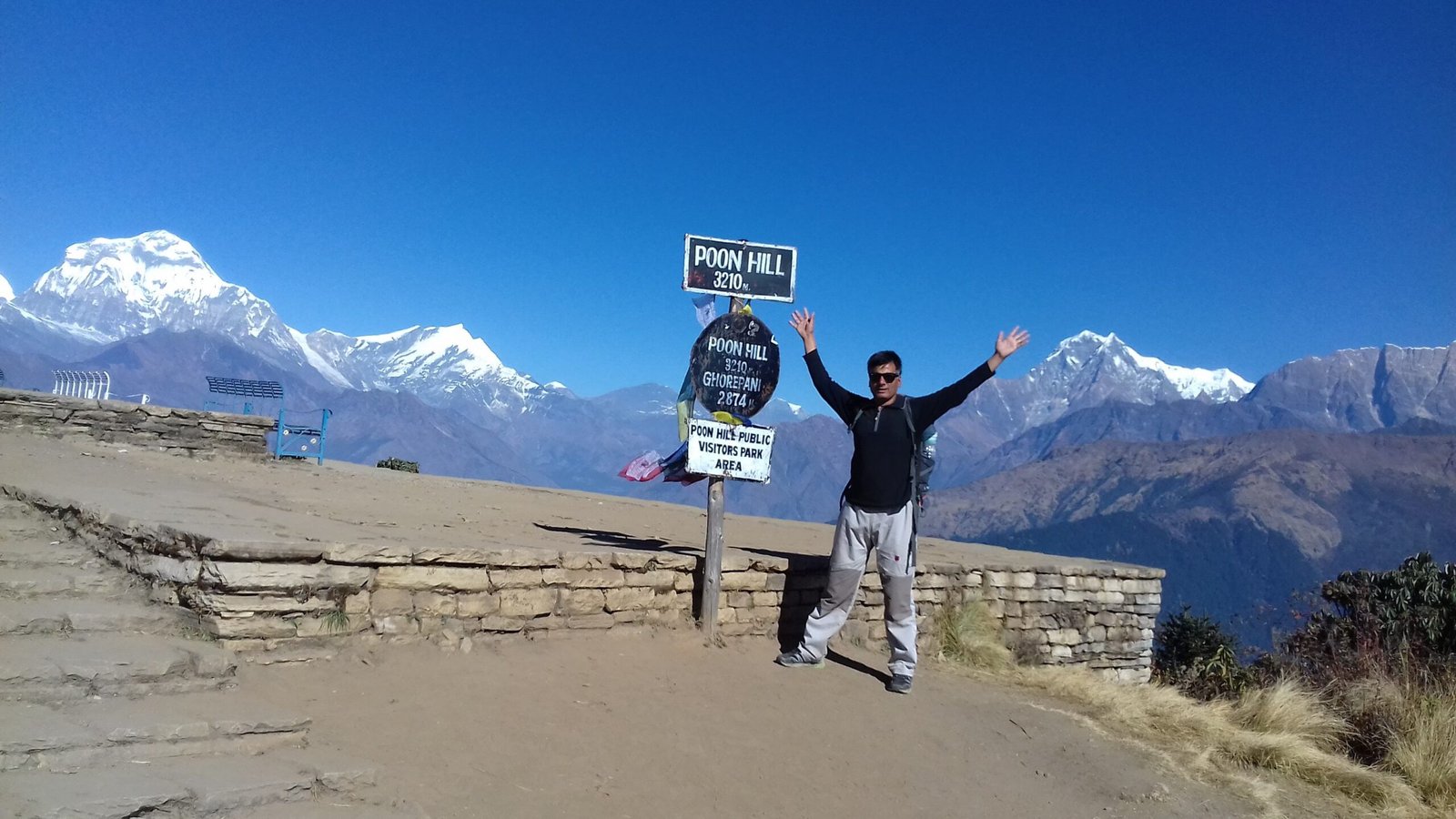 Panoramic sunrise view of Dhaulagiri and Annapurna mountains from Poon Hill viewpoint during the Poon Hill Trek in Nepal.